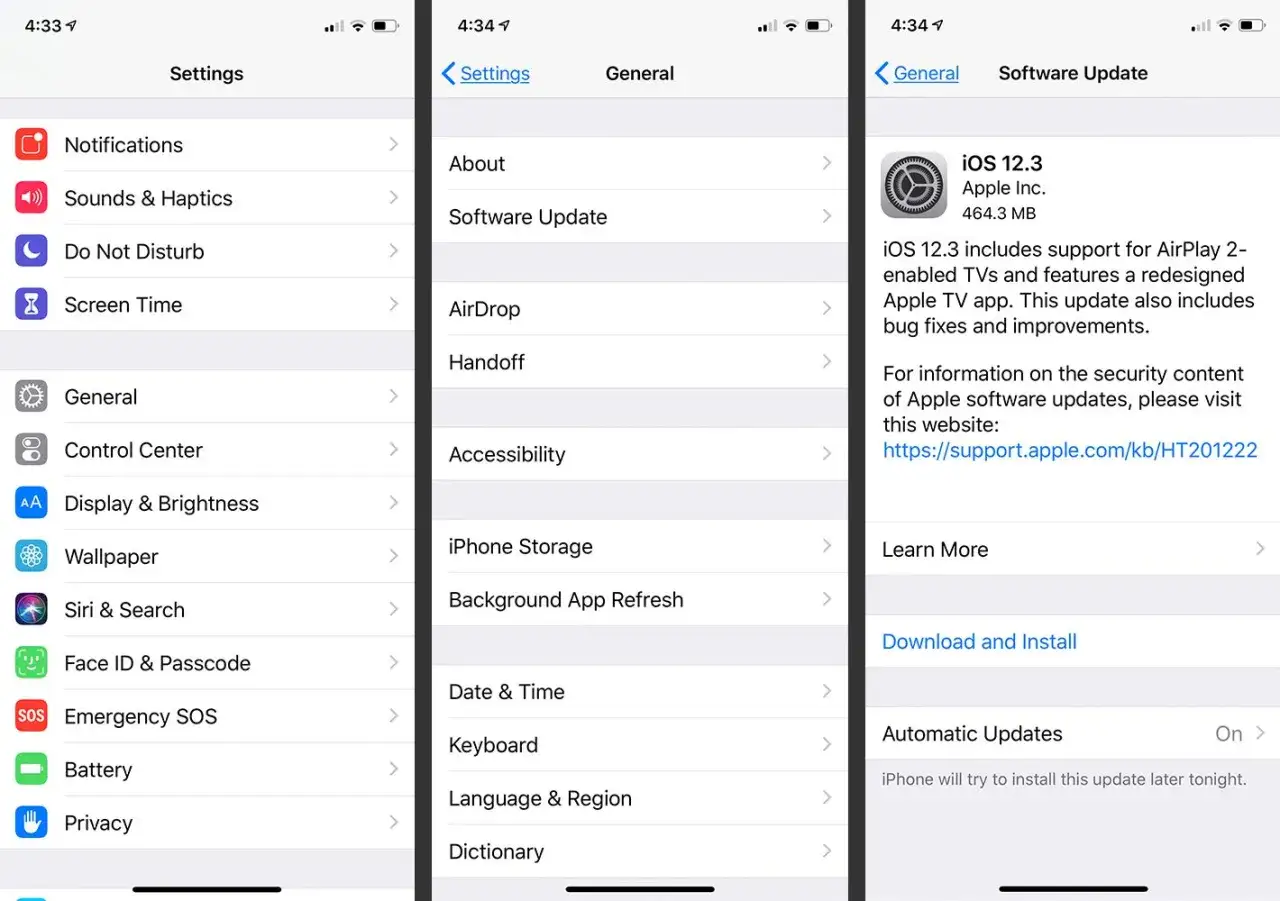 Ekran iPhone'a z systemem iOS 13, pokazujący aktualizację oprogramowania do wersji 12.3 z informacją o nowych funkcjach i poprawkach.