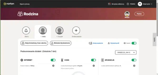 Panel kontroli rodzicielskiej Norton Rodzina. Zarządzaj czasem online dzieci, blokuj strony i aplikacje. Ustawienia dla Ani i Kacpra.