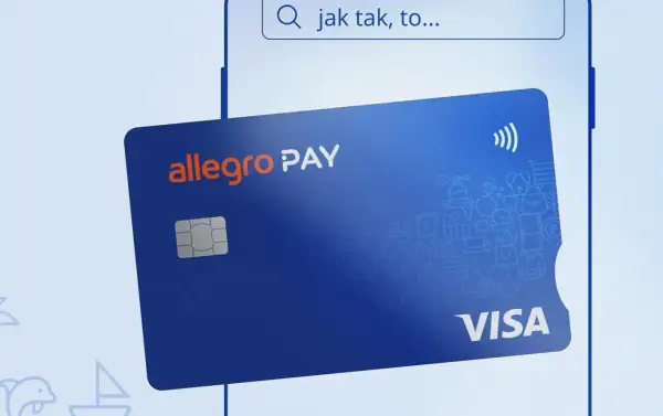 Karta Allegro Pay z logo Visa i ikonami symbolizującymi różne kategorie zakupów.