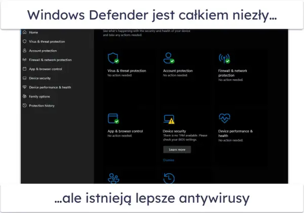Interfejs Windows Defender pokazuje status ochrony: wirusów, kont, zapory sieciowej, aplikacji, urządzeń i ich wydajności. Wszystko działa poprawnie.