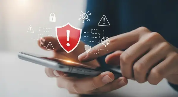 Dłonie trzymające smartfon, nad którym wyświetlają się ikony bezpieczeństwa, w tym tarcza z wykrzyknikiem, symbol wirusa i kłódka. To wizualizacja ochrony antywirusowej na Androida.
