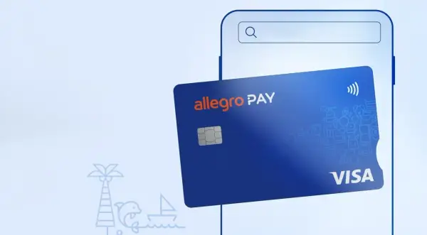 Karta Allegro Pay na tle smartfona. Płać wygodnie za zakupy, jakbyś kupował rower na wakacjach.