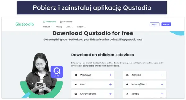 Dziewczyna korzysta z telefonu, obok logo Qustodio Kids. Strona oferuje kontrolę rodzicielską na iPhone, Android i inne urządzenia.