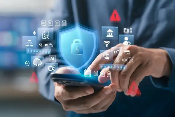Dłonie trzymające smartfon, na którym wyświetla się tarcza z kłódką, symbole bezpieczeństwa i ostrzeżenia. Potwierdzenie autoryzacji.