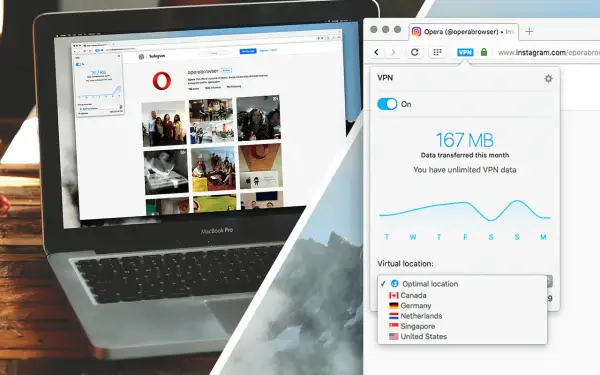 Laptop z przeglądarką Opera, pokazującą Instagram i włączony VPN. Możliwość wyboru lokalizacji wirtualnej.