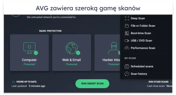 Interfejs programu avast free oferuje różne opcje skanowania, w tym skanowanie głębokie, plików, podczas rozruchu, USB/DVD oraz optymalizację.