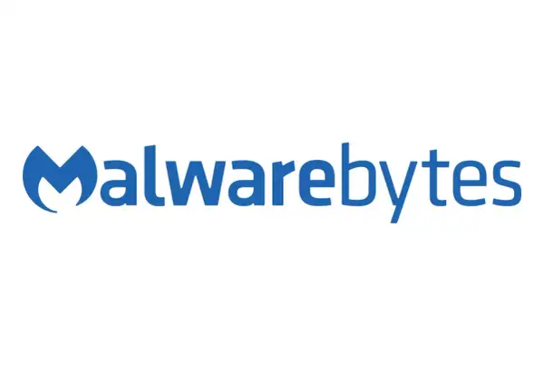 Niebieskie logo Malwarebytes z charakterystycznym symbolem.