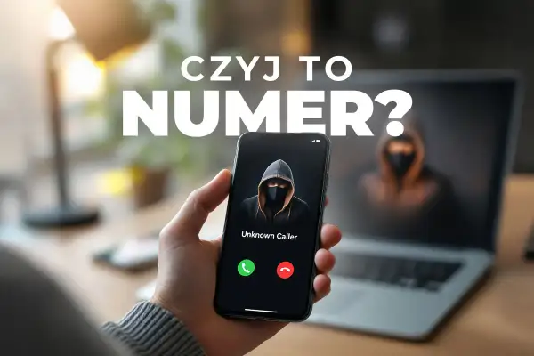 Dłoń trzyma smartfon z ekranem pokazującym "Unknown Caller" i sylwetkę w kapturze. Napis "Czyj to numer?" sugeruje nieznane połączenie.