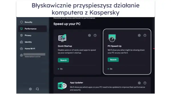 Interfejs Kaspersky Free pokazuje opcje przyspieszania komputera, takie jak Quick Startup i PC Speed-Up.