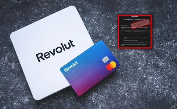 Oszustwo na Revolut! Zbliża się revolut logowanie bez aplikacji, ale uważaj na fałszywe powiadomienia. Karta Revolut i białe pudełko na ciemnym tle.