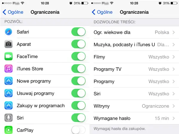 Ustawienia kontroli rodzicielskiej na telefonie: zarządzanie dostępem do aplikacji, treści i funkcji, np. Safari, Aparat, FaceTime, iTunes Store, Siri.