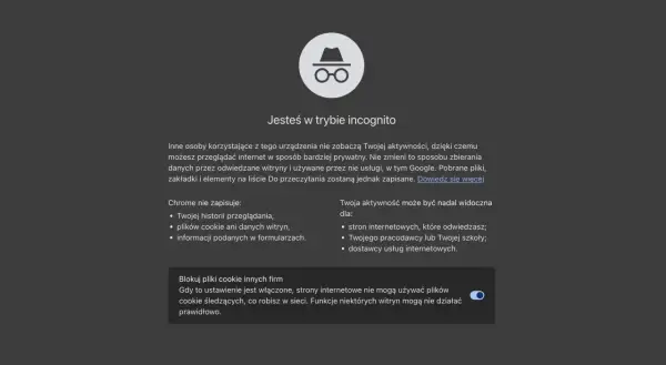 Ikona w okularach i kapeluszu symbolizuje tryb incognito. Przeglądaj prywatnie, ale pamiętaj, że aktywność może być widoczna dla pracodawcy.